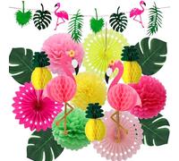 Decoraciones hawaianas tropicales para fiesta de cumpleaños, flamenco y hojas de palma, panal, bola de panal, papel de seda, pompones para verano, luau playa, fiesta