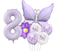 Decoraciones moradas de cumpleaños número 8 para niñas, juego de globos de mariposa morados número 8 de 40 pulgadas, suministros de fiesta de mariposa de 8 años (morado 8)