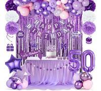Decoraciones moradas para el 50 cumpleaños de una mujer, pancarta de feliz cumpleaños, globos morados, cortina de oropel morada, banda, pompones, espiral colgante