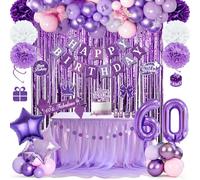 Decoraciones moradas para el 60 cumpleaños de una mujer, pancarta de feliz cumpleaños, globos morados, cortina de oropel morada, banda, pompones, espiral colgante