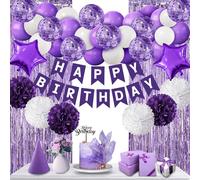 Decoraciones Morado del Cumpleaños para las Mujeres,Bday Día de la Madre Aniversario Fiesta de compromiso Decoración con Bandera, Globos Púrpuras y Blancos, Pompones, Cortina de Papel de Aluminio