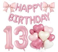 Decoraciones oficiales de cumpleaños número 13 para adolescentes, globo grande de aluminio de 13 números de 21 pulgadas, lazo rosa de 16 pulgadas, globos de letras de feliz cumpleaños con globos de