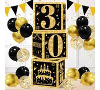 Decoraciones para 30º Cumpleaños, 3pcs Caja de cumpleaños Oro Negro, Caja para globos regalos jovenes 30 años, Cumpleanos Decoración de Negros Dorados para Hombres y mujeres Decoracion 30th fiesta