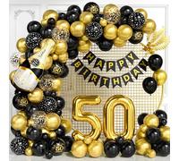 Decoraciones para 50º Cumpleaños, Kit Arco Globos Negros Dorados con Globos Foil Número 50, Globos Imprimidos, Banner Feliz Cumpleaños para Hombres Mujeres, Decoraciones Fiesta Negro Dorado 50 Años