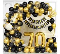 Decoraciones para 70º Cumpleaños, Kit Arco Globos Negros Dorados con Globos Foil Número 70, Globos Imprimidos, Banner Feliz Cumpleaños para Hombres Mujeres, Decoraciones Fiesta Negro Dorado 70 Años