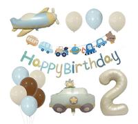 Decoraciones para cumpleaños de niño y niña de 2 años, globos de avión y coche, decoraciones para el segundo cumpleaños, azul pastel y blanco lechoso, decoraciones para fiesta del número 2