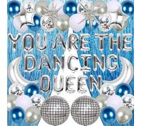 Decoraciones para despedida de soltera de reina bailarina - 65 piezas de decoraciones You Are the Dancing Queen You Are the Dancing Queen. Globo de látex plateado azul espejo discoteca luna estrella