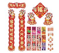 Decoraciones para fiestas chinas - pancarta del Año Nuevo Lunar 2026, conjunto de pergaminos culturales, decoración del festival rojo, accesorio de celebración en interiores | Coplas para hombres y
