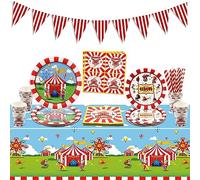 Decoraciones para fiestas de carnaval incluye banderín, mantel, platos de papel, servilletas, vasos, decoraciones para fiestas de carnaval de circo para fiestas de cumpleaños de niños y niñas, para 20