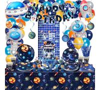 Decoraciones para fiestas de cumpleaños en el espacio exterior, incluye pancarta de feliz cumpleaños, telón de fondo, platos, globos, decoración de remolinos del sistema solar, para 20 invitados