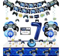 Decoraciones para Fiestas de Videojuegos - Banderola de Feliz Cumpleaños, Globos de Mando de Videojuego, Cartel Colgante de Videojuego, Vela, Decoración para Fiesta de 7º Cumpleaños Infantil