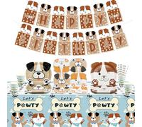 Decoraciones para fiestas temáticas de perros, incluye banderín de feliz cumpleaños, platos de papel, mantel, servilletas y vasos para decoraciones de fiestas de cumpleaños infantiles, para 20