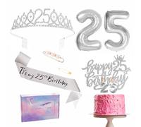 Decoraciones plateadas de 25 cumpleaños para ella, juego de banda y tiara de 25 cumpleaños, corona de fiesta de cumpleaños número 25, globos de aluminio, velas de globos de aluminio, regalos de