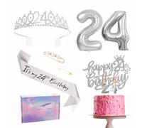 Decoraciones plateadas de cumpleaños número 24 para ella, banda, juego de tiara, corona, decoración para tartas, globos de aluminio del número 24, velas, regalos de cumpleaños para mujeres