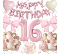 Decoraciones rosas de cumpleaños número 16 para niñas, pancarta de aluminio con el número 16, globos de aluminio con lazo grande y corazón, juego de globos de látex surtidos, suministros bohemios para