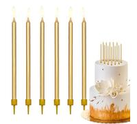 Decoraparty Juego de 12 velas doradas finas, largas, elegantes con soporte de base de plástico para tarta de cumpleaños, aniversario, fiesta - Altura 12,5 cm