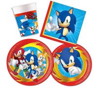 Decoraparty Juego de vajilla de mesa para 8 personas, adornos decorativos para fiestas de cumpleaños, 8 platos grandes, 8 platos pequeños, 20 servilletas, 8 vasos, The Hedgehog, Blue Blur (44 piezas)