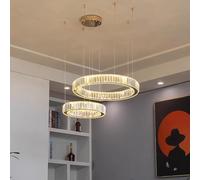 DecoratCrystal Chandeliers 3 Ring Round Circular Dimmable Living Room Light Foyer Entryway Chrome Large Hanging Pendant Lamp, LED Chandelier