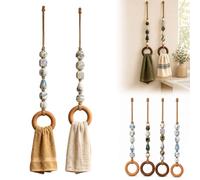 Decorative Beaded Towel Hanger with Wooden Ring,Boho Macrame Beaded，Blue | Rustic Wood Bead Hanging Holder,Towels Not Included,Hand Towel Organizer For Bathroom Kitchen Decor,Housewarming Gift