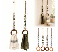 Decorative Beaded Towel Hanger with Wooden Ring,Boho Macrame Beaded，Green | Rustic Wood Bead Hanging Holder,Towels Not Included,Hand Towel Organizer For Bathroom Kitchen Decor,Housewarming Gift