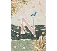 Decorative Monogram Blank Journal Notebook & Diary for Women with Initial N in Pink | Wavy Background with Pampas Grass, Birds & Butterflies Design | ... | Elegant Personalized Gift for Women & Girls