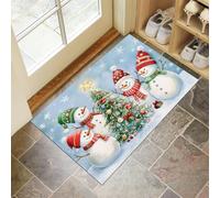 Decorativo Alfombra de Navidad Azul,Felpudo Entrada Casa 50 x 80 cm,Alfombras de Decoración de Felicidad Muñeco Nieve Copos Nieve,Felpudo de Resumen Árbol Navidad de Entrada para Pasillo, Salón, Baño