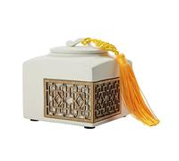 Decorativo Lata de té de cerámica cuadrada blanca Lata de cerámica sellada retro Lata de té suelta con borla anudada china amarilla Almacenamiento de té Caja de té for té Frutas secas Hierbas medicina