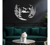 Decorazione murale in Metallo argentato con Cervo, decorazione murale in Metallo con Alce, Lago, montagna e Foresta, scultura Moderna con Cervo per soggiorno, Camera da letto, corridoio e