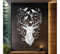 Decorazione murale in Metallo argentato con Ramo di Albero e Cervo, decorazione murale in Metallo con Fauna selvatica e Natura, decorazione artistica con Cervo, scultura Moderna per soggi
