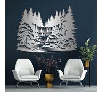 Decorazione murale in Metallo Argento con Foresta, decorazione murale in Metallo con cascata e Bosco per ufficio, decorazione artistica con Foresta, scultura Moderna per soggiorno, Camera