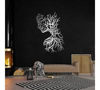 Decorazione murale in Metallo Argento raffigurante un Albero di Donna, decorazione murale Minimalista con Silhouette di Donna in Metallo, decorazione artistica con Albero di Donna, scultur