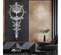 Decorazione murale in Metallo Argento Vegvisir vichingo con Albero Della Vita, decorazione murale in Metallo con simbolo runico norreno, decorazione artistica con Albero vichingo, scultura