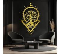 Decorazione murale in Metallo dorato con Albero Della Vita e Sole, decorazione murale in Metallo con Arte naturalistica per Sala Yoga, decorazione artistica con Albero Della Vita, scultura