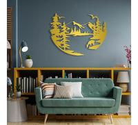 Decorazione murale in Metallo dorato con Cervo, decorazione murale in Metallo con Alce, Lago, montagna e Foresta, scultura Moderna con Cervo per soggiorno, Camera da letto, corridoio e SC