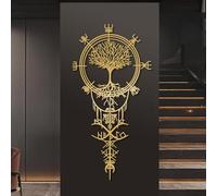 Decorazione murale in Metallo dorato Vegvisir vichingo con Albero Della Vita, decorazione murale in Metallo con simbolo runico norreno, decorazione artistica con Albero vichingo, scultura