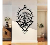 Decorazione murale in Metallo Nero con Albero Della Vita e Sole, decorazione murale in Metallo con Arte naturalistica per Sala Yoga, decorazione artistica con Albero Della Vita, scultura m