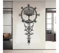 Decorazione murale in Metallo Nero Vegvisir vichingo con Albero Della Vita, decorazione murale in Metallo con simbolo runico norreno, decorazione artistica con Albero vichingo, scultura mo