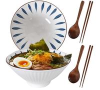 DecorDwell 1200ml Ramen Bowl de Cerámica, 2 Juegos Tazón de Ramen Japonés con Palillos y Cuchara, Ensaladeras, Tazones de Sopa para Ensalada Fideos Cereales Sopa Frutas Verduras (Hojas)