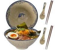 DecorDwell 1200ml Ramen Bowl de Cerámica, 2 Juegos Tazón de Ramen Japonés con Palillos y Cuchara, Ensaladeras, Tazones de Sopa para Ensalada Fideos Cereales Sopa Frutas Verduras (Beige)