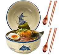 DecorDwell 1200ml Ramen Bowl de Cerámica, 2 Juegos Tazón de Ramen Japonés con Palillos y Cuchara, Ensaladeras, Tazones de Sopa para Ensalada Fideos Cereales Sopa Frutas Verduras (Pez)