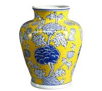 DECORN Florero de cerámica Decorativo, Amarillo con diseño Floral Azul y Blanco. Decoración rústica del hogar Jarrones Vintage para centros de Mesa de salón, Cocina, Dormitorio,E