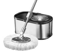 DECORN Fregona giratoria de Acero Inoxidable y Cubo con Juego de escurridor, Trapeador Giratorio de 360° y Cubo de Cesta Interior Desmontable con 5 Cabezales de Repuesto,Plata