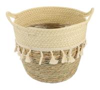 DECORNIJIA Cesta Grande de Almacenamiento Tejida a Mano de Fibra Vegetal y Algodón Cesta Decorativa Borlas Verdes de Macramé Organizador para Baño Escritorio y Macetero Interior