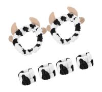 DECORNIJIA Conjunto 2 Diademas y Muñequeras de Felpa Estampado de Vaca y Cuernos Banda Cabello y Muñequera Suave para Lavado de Cara Maquillaje y Spa Accesorios para Cuidado Facial y