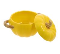 DECORNIJIA Cuenco de Cerámica con Forma de Calabaza Amarillo, Doble Asa y Tapa, Tazón para Sopa y Estofado, Recipiente para Servir en Hogar, Restaurante y Fiestas, Tazón Resistente y