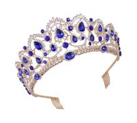 DECORNIJIA Diadema de Novia Barroca Tiara de Gemas de Imitación Dorada y Azul Tocado Nupcial Peine para Bodas y Fiestas Accesorio Elegante para Cabello de Boda