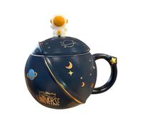 DECORNIJIA Taza de Cerámica Diseño de Planeta, Color Azul Oscuro, Capacidad Grande, Incluye Tapa y Cuchara, Resistente al Calor, Adecuado para Café y Leche, Obsequio para Parejas y Oficina