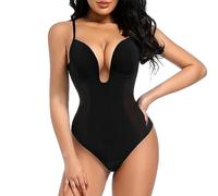 Decorus - Body moldeador de espalda baja para mujer, con control de abdomen, cuello en V profundo, espalda descubierta, tanga para novia, sujetador integrado, Negro -, M