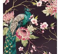 Decotalk Papel Pintado Flor de Durazno y Pavo Real Verde 44.5X300cm Impermeable Papel Pintado Autoadhesivo Flores Vinilo Adhesivo Muebles pared Salon Floral Fotomurales Decorativos Murales Salon