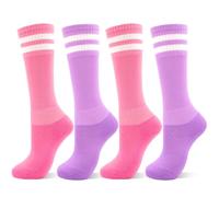 DECOVICI Calcetines de fútbol para niños y niñas, 4 pares, hasta la rodilla, calcetines de fútbol para niños, calcetines largos de fútbol para niños de 3 a 13 años de rugby diario, 4# Rosa*2+Púrpura*2